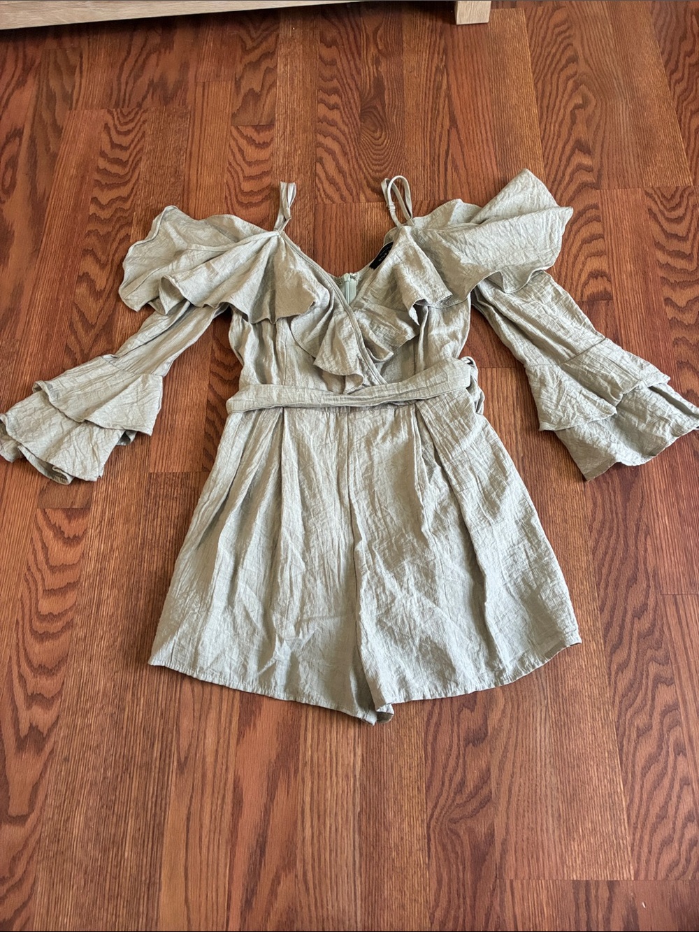 Blue Blush Sage Green Ruffle Off-Shoulder Romper